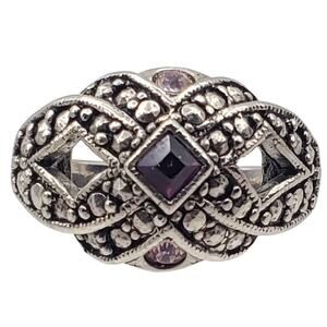 Avon Purple & Pink Glass Ring Silver Tone Marcasite Vintage Jewelry Size 8.5